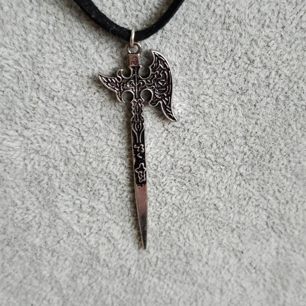 Mens silver battle axe charm black suede necklace